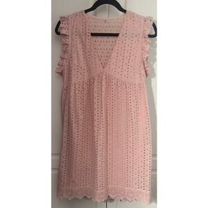 Pink Eyelet Dress with V-Neckline Ruffle Sleeve Size M